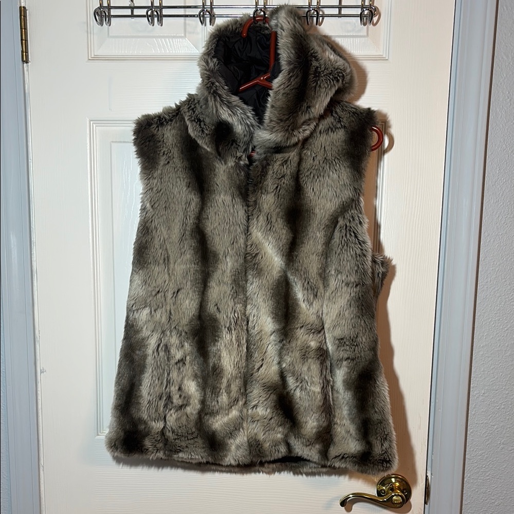 Gray- Brown Faux Fur Vest with Hood